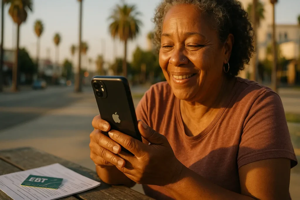 A California resident smiling while holding a free government iPhone obtained through California LifeLine, with palm trees in the background.