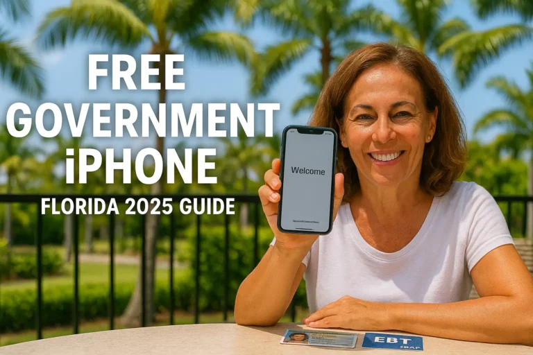 A Florida resident smiling and holding a free government iPhone obtained through the Lifeline program in 2025, with eligibility documents on a table.