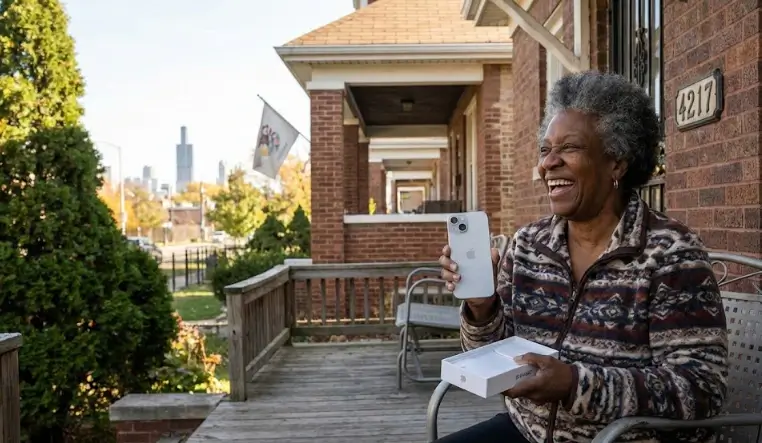 A smiling Illinois resident holding a free government iPhone on a house porch with the Chicago skyline in the background.