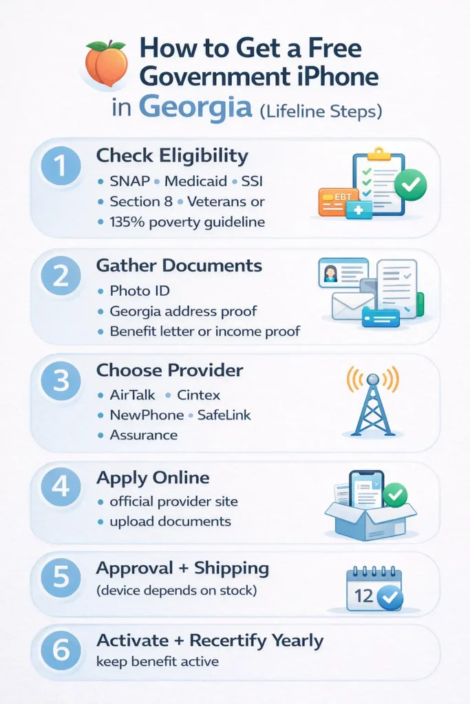 Step-by-step Lifeline guide for getting a free government iPhone in Georgia with eligibility and document checklist.