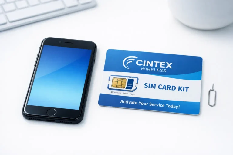 Three-step process illustration showing proof document, online application on laptop, and phone delivered in a box.