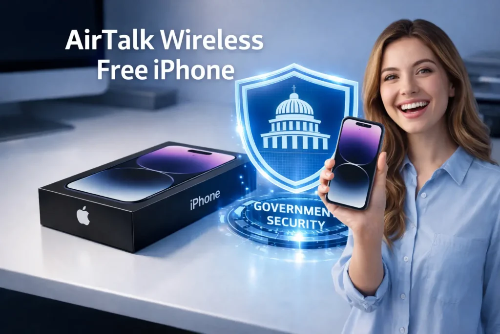 AirTalk Wireless free iPhone offer shown with government security shield under Lifeline program